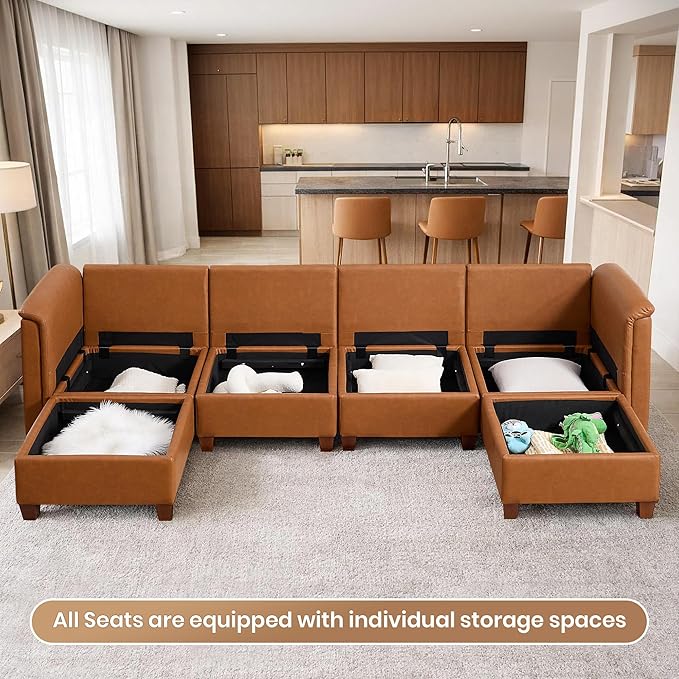 U Shaped Modular Sectional Sofa Cloud Couch with Storage Faux Leather Sectional Couch for Living Room Furniture Apartment(6-Seater B)