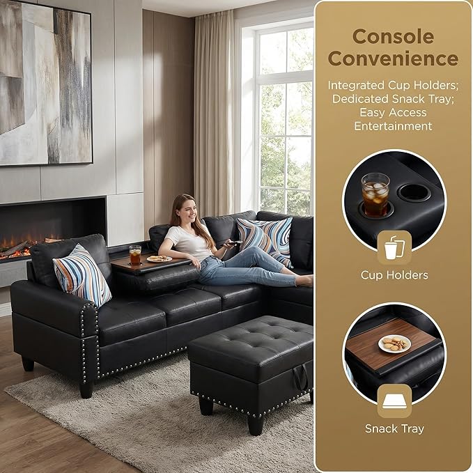 L-Shaped Sectional Sofa with Movable Chaise &amp Storage Ottoman - 3-Piece Leather Modular Convertible Couch for Living Room Apartment &amp Home Office Gloss Black