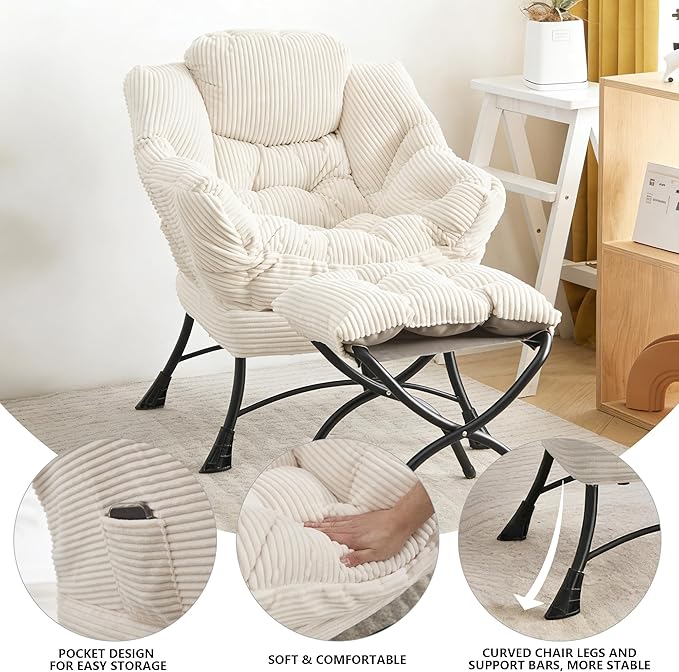 Bellemave Lazy Chair with Ottoman Lounge Accent Chair with Armrests and Side Pocket Leisure Upholstered Sofa Chairs with Footrest for Small Space Reading Chairs for Living Room Bedroom (White)