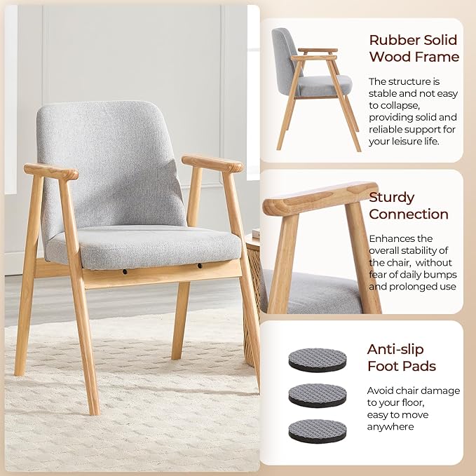 Accent Chair Mid Century Modern Armchair Comfy Reading Chair with Soft Seat &amp Solid Wood Legs for Living Room Office Bedroom Vanity (LightGray)