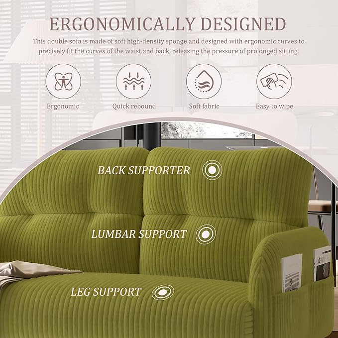 47 Loveseat Sofa Small Couches for Small Spaces Comfy Corduroy Solid Wood Frame Modern Deep Seat 2 Seater Couch with Side Pockets for Bedroom Living Room Apartment Office (Olive Green)