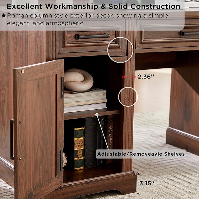 JXQTLINGMU Farmhouse 76 Height Computer Desk with Hutch Office Desk with Charging Station Drawers and Storage Cabinet Workstation for Office Home Brown