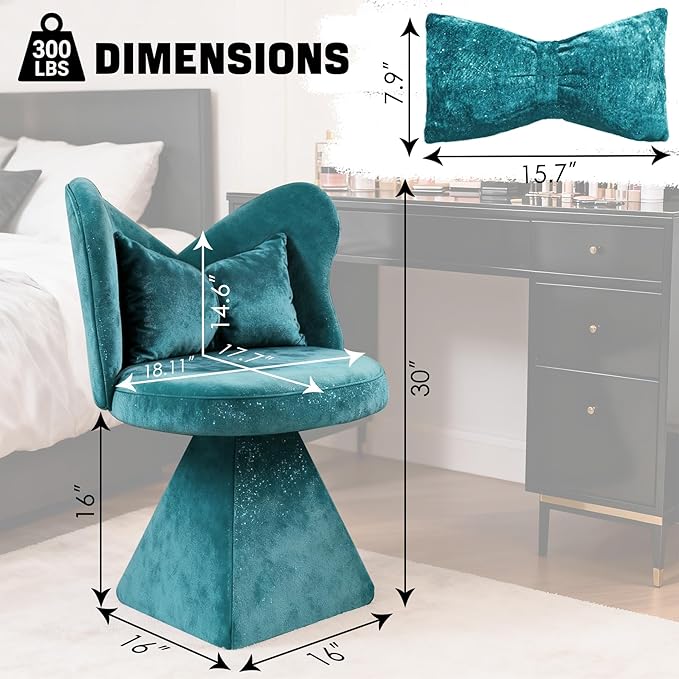 Makeup Vanity Chair with Butterfly Back and Bow Pillow 360° Swivel Accent Chair Vanity Stool Chairs with Chenille Fabric &amp Sturdy Base for Dressing Table/Bedroom/Living Room/Home Office (Blue)