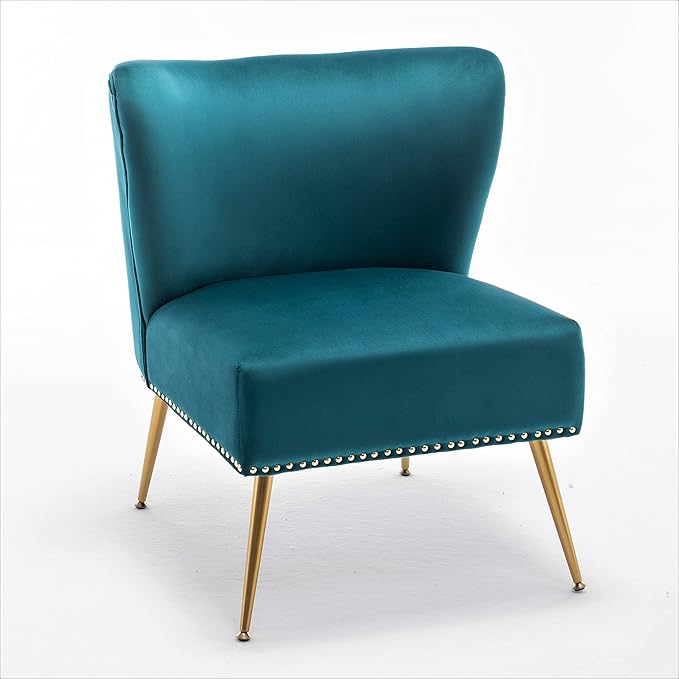 Thia Armless Velvet Accent Chair for Living Room Elegant Seat with Nailhead Trim Gold Metal Legs and Comfortable Curved Back 28 D x 25 W x 29.5 H Bluish Green
