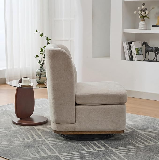 Swivel Accent Chair for Living Room25.2 Modern Chenille 360° Rotating Armless Chair with Metal BaseUpholstered Seat &amp PillowReading Chair for Office &amp Bedrooms (Beige)