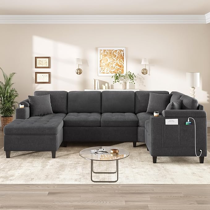 Modern U-Shaped Sectional Sofa 115.7 Corner Sectional Living Room Couch Oversized Sectional with Built-in Cup Holders Storage Space and USB Ports for Living Room (Grey-X22)