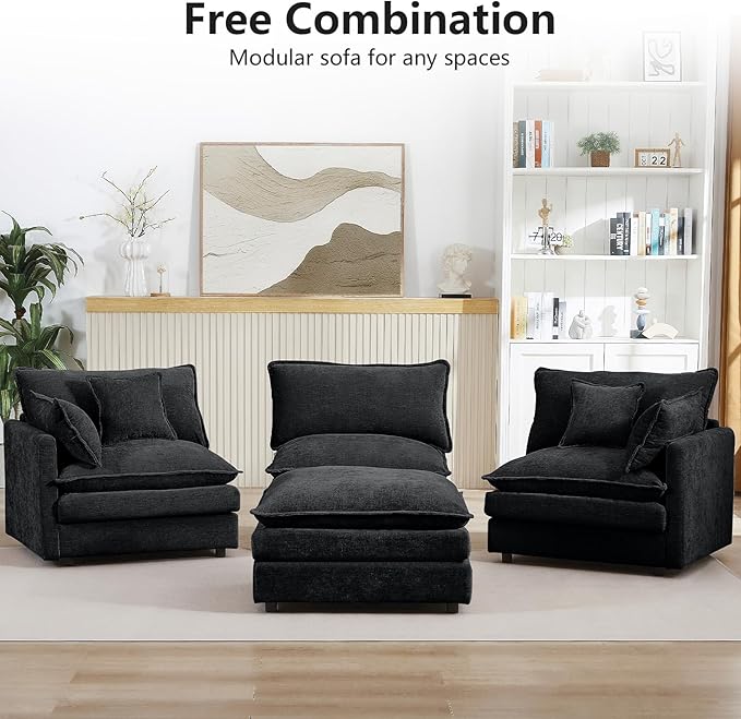 GNIXUU 102 Modular Sectional Sofa L Shaped Cloud Couch with Movable Ottoman &amp 4 Pillows Deep Seat Chenille 4 Seater Sectional Couches for Living Room Apartment (Black)