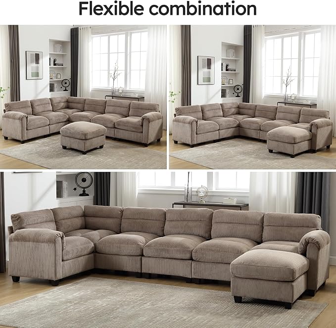 CANMOV Modular Sectional Couches with Ottoman Convertible U Shaped Sofa 7 Seat Sofa Couch with Chaise for Living Room Corduroy Couch Brown