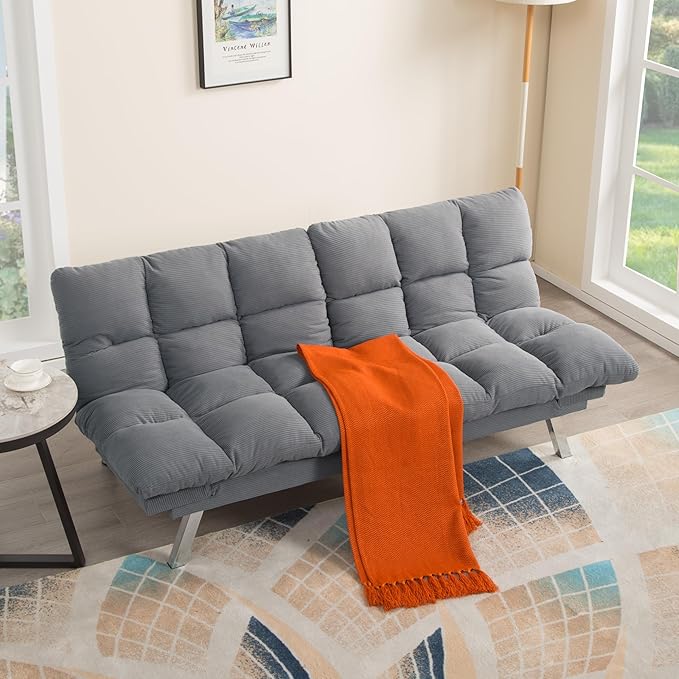 67” Convertible Futon Couch Bed Adjustable Pillow Top Arm Memory Foam Cloud Futons Loveseat Modern Light Gray Corduroy Mini Small Sofa Couches for Living Room