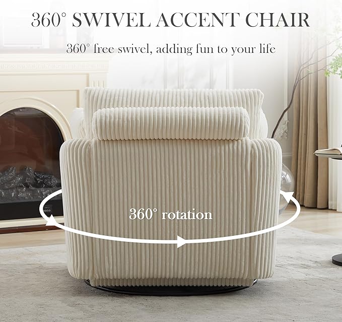 Aoiy &amp Wifon 40.55 W Oversized Swivel Chair with Ottoman Swivel Accent Chair with Ottoman for Living Room Corduroy Ivory
