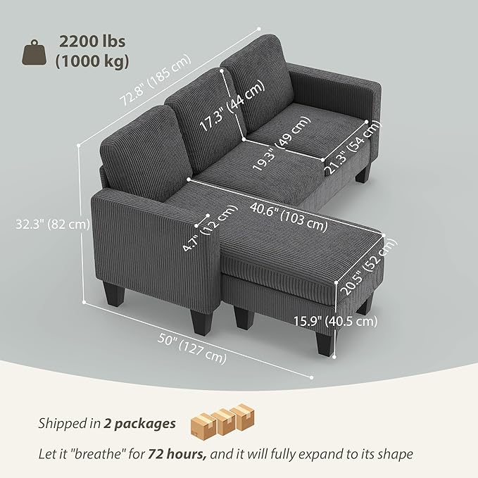 HOMCOM 73 Sectional Sofa L Shaped Couch with Reversible Chaise or Ottoman Corduroy 3 Seat Sectional Couch for Living Room Bedroom Apartment 2200lb Capacity Dark Gray