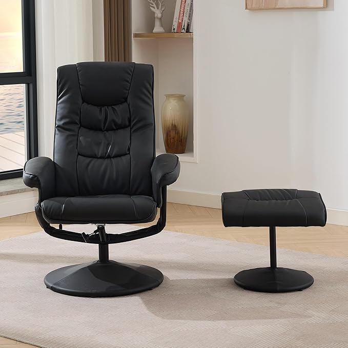 Pushback Recliner ChairComfy Wingback Adjustable Backrest Artificial Leather Accent Armchair with Footstool Trim &amp Wood Base Swivel Sofa Chair for Living Room Office Home Theater Bedroom(Black)