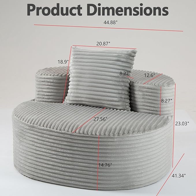 45 Oversized Round Chair Boneless Reading Chair with Comfy Pillow for Living Room Circle Cloud Chair for AdultsCorduroy Memory Foam Large Seat No Assembly Required (Smoke Grey)
