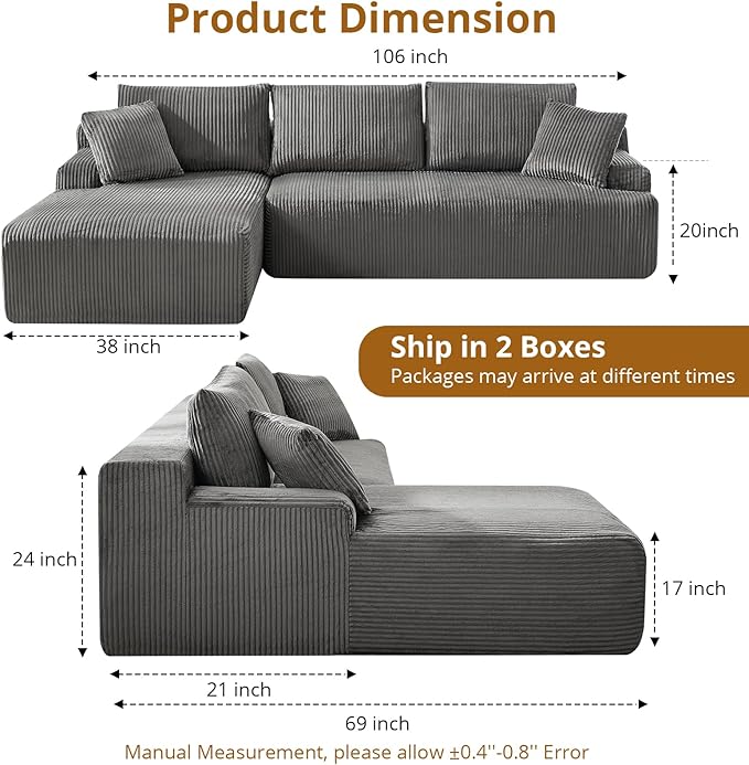 106” Modular Sectional Sofa Cloud Sectional Couch with L-Shape Chaise/Deep Seat/Armrest/Plush Corduroy Fabric No Assembly Required Space-Saving Boneless Compression Sleeper Sofa for Living Room