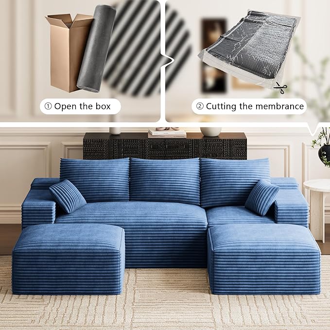 Modular Sectional Sofa Cloud Couch 108'' Comfy U Shaped Sectional Couches for Living Room Deep Seat Cozy Fluffy Corduroy Boneless Couch Sectionals Sofa with Movable Ottomanm Blue