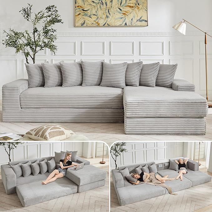 110 L-Shaped Modular Sectional Sofa with Chaise Lounge Corduroy Oversized Convertible Floor Sleeper Sofa Bed with 8 Pillows Modern Deep Seat Boneless Couches (Light Gray 110 + Right Chaise)