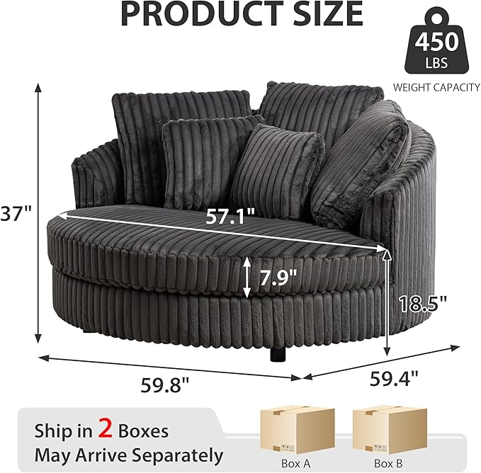 Chifee &amp Vingol 59.8 W Oversized Accent Round Chair Large Barrel Chair with Wheels &amp 5 Pillows Faux Fur Fabric - Charcoal