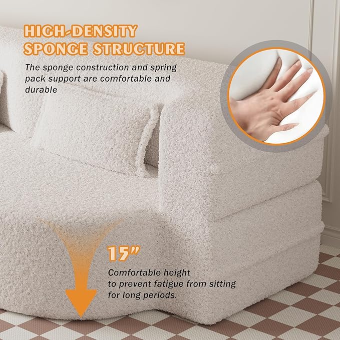 78 Teddy Folding Floor Sofa Couch BedConvertible Folding Sofa Bed Full Size Love Seat Sleeper Bed Floor Sofa Bed with 2 Pillows for Living Room Apartment Office (Beige)