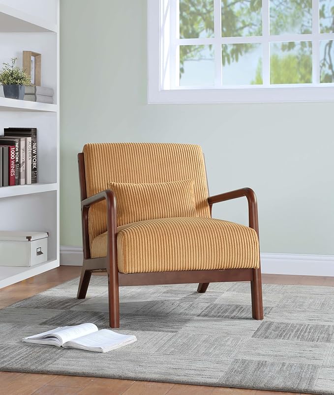 Wooden Accent Arm Chair Mid Century Armchair Comfy Modern Corduroy Accent Chair Boho Arm Chair with Pillow for Bedroom Lounge Living Room (Yellow)