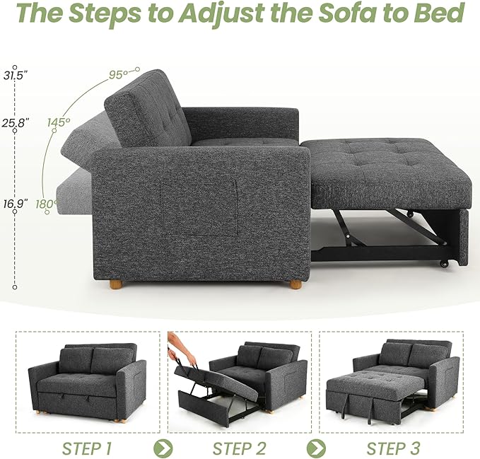 SEJOV Sleeper Sofa 3-in-1 Convertible Pull Out Couch Bed Futon Sofa Linen Fabric Loveseat with 2 Pillows and Adjustable Backrest Chaise Lounge for Small Spaces Apartment Dorm Office Black