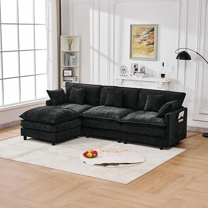 KEIKI 101.9 Modular Sectional Sofa with Movable Ottoman 3 Seat Modern Sofa Set L-Shape Sectional Couches for Living Room Apartment Black
