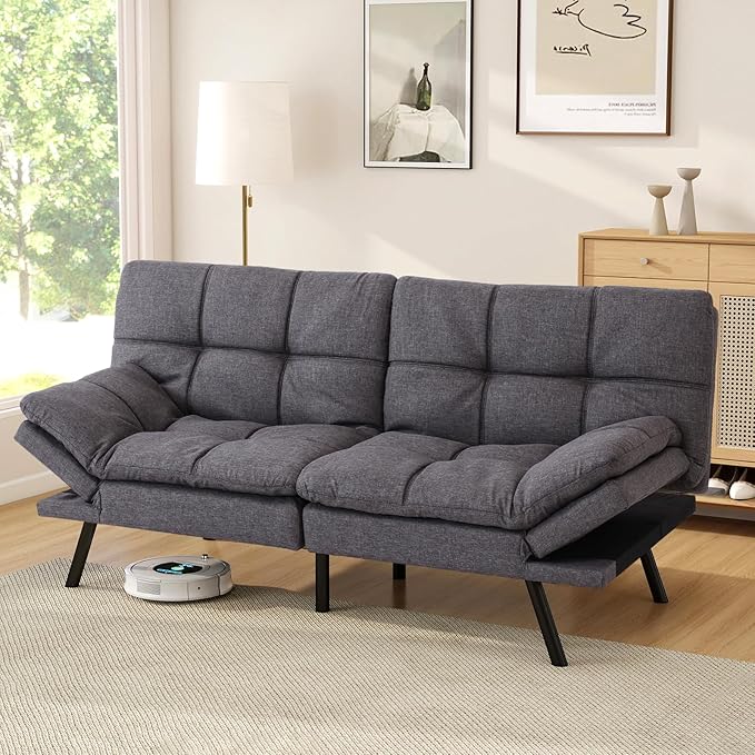 Opoiar Futon Sofa Bed Convertible Memory Foam Couch Bed Modern Sleeper Sofa with Adjustable Armrests&ampBackrests Christmas Futon Sets for Compact Living Spaces Office Dorm Bonus RoomGrey