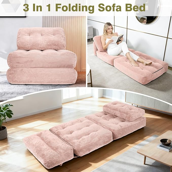 Art3d Folding Sofa Bed Convertible Sleeper Sofa Bed with Pilow &amp Back Support 3 in 1 Long Futon Boneless Couch Comfy Floor Couch for Living Room Bedroom Light Pink