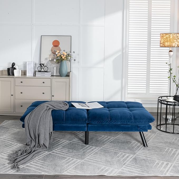 LLS 70.87 Velvet Futon Sofa Bed Modern Convertible Sleeper Sofa Couch with Adjustable Backrest and Armrests Tufted Loveseat Sofa with Metal Legs for Living Room Bedroom Apartment Navy Blue