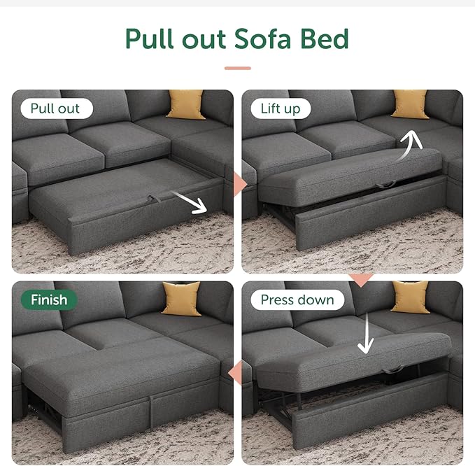 HONBAY Modular Sectional Sleeper Sofa Bed with Pull Out Bed Linen Convertible Sectional Couches for Living Room - Dark Grey