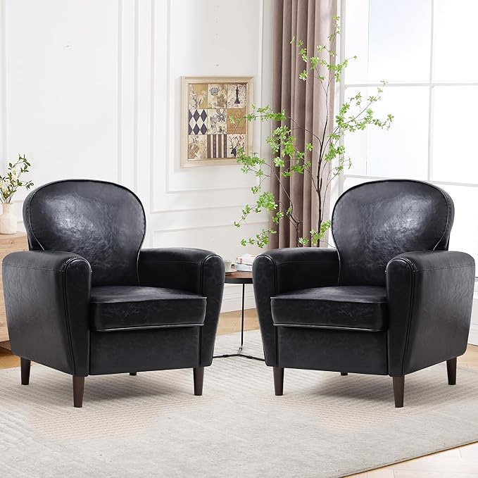 Accent Chair Set of 2 Mid Century Modern Faux Leather Arm Chair with Thick Cushion and Back Comfy Upholstered Reading Chair Single Sofa Chair for Living Room Bedroom Club Black