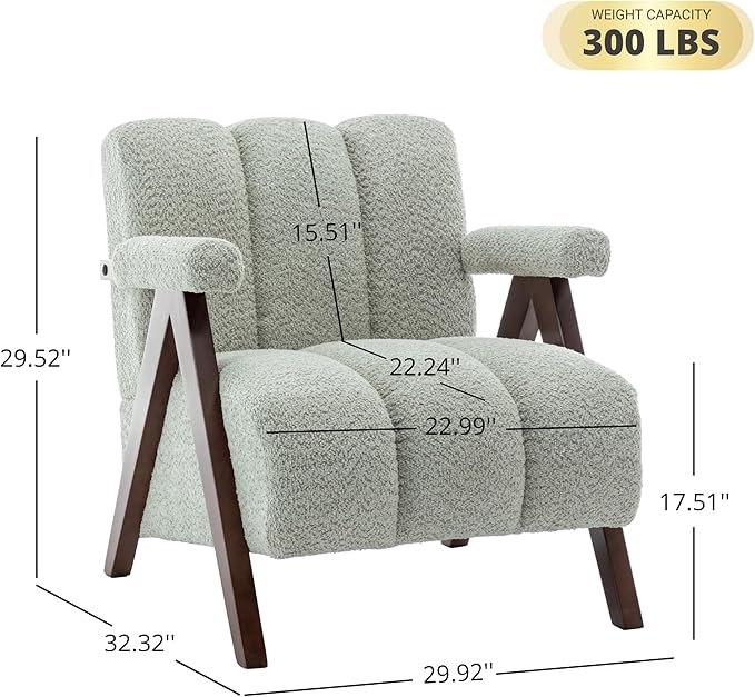 Mid Century Modern Accent Chair with Solid Wood Frame Boucle Upholstered Living Room Chairs with Thick Cushion Comfy Tufted Arm Chair for Bedroom Sage