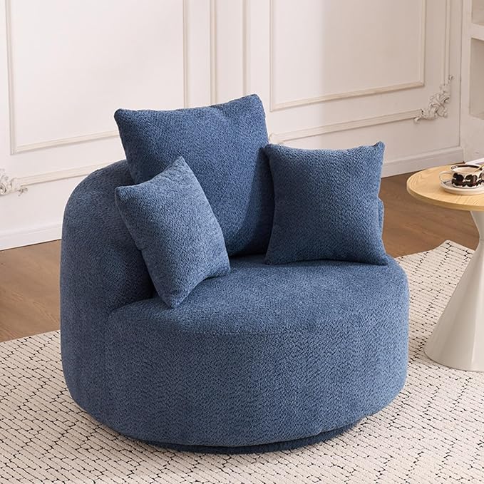 40” Blue Round Swivel Chair with 3 Pillows &amp Thick Cushion Oversized 360° Swivel Accent Chair Modern Boucle Armchair for Nursery Living Room Bedroom Club