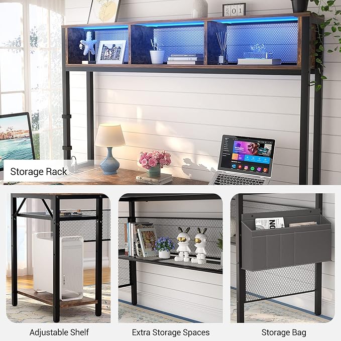 Aheaplus L Shaped Gaming Desk with LED Lights &amp Power Outlets 55 Inch L-Shaped Computer Desk with Storage Shelf &amp Monitor Stand Corner Desks 2 Person Reversible Desk Home Office Desk Rustic