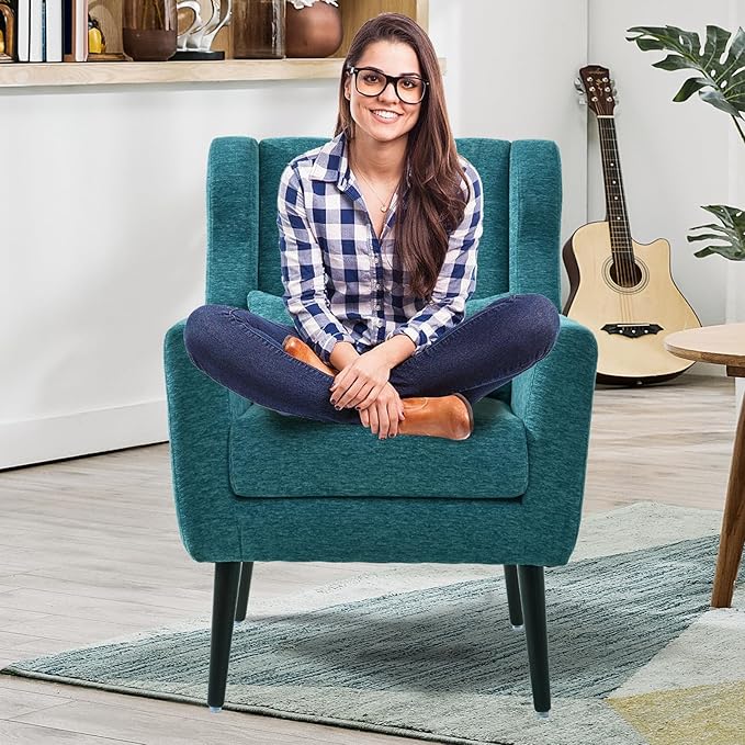 Accent Chair Set of 2 Upholstered Armchair with Pillow Fabric Single Sofa Chair with Lounge Seat and Wood Legs Accent Chair for Living Room Small Spaces (Teal)