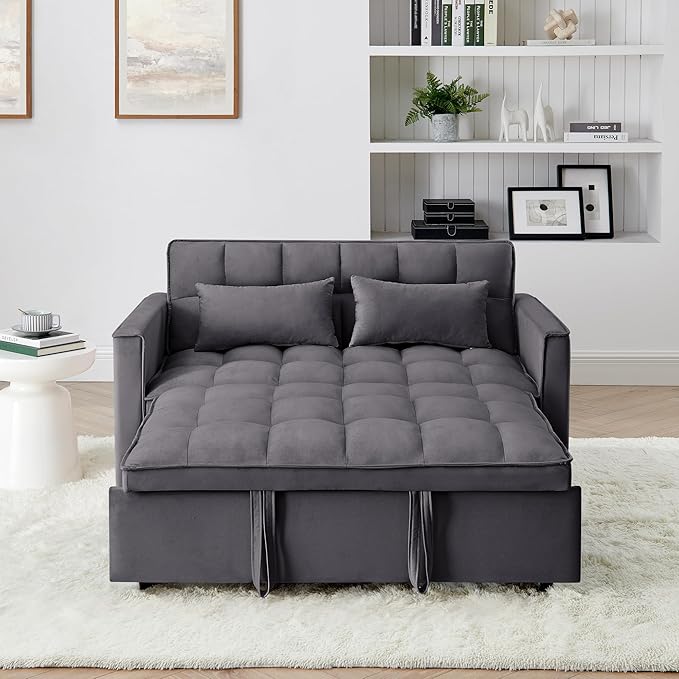 KEIKI 54.33 Pull-Out Sofa Couch Bed 2 in 1 Convertible Velvet Sleeper Sofa with Adjustable Back for Apartment Living Room Antique Gray