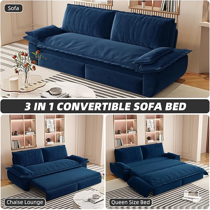 3 in 1 Convertible Queen Sleeper Sofa Bed Comfy Pull Out Futon Couch Bed 73.2 Modern Velvet Recliner Loveseat Sofa Multi-Functional Blue Cloud Couch for Living RoomApartmentOffice (Blue 73.2)