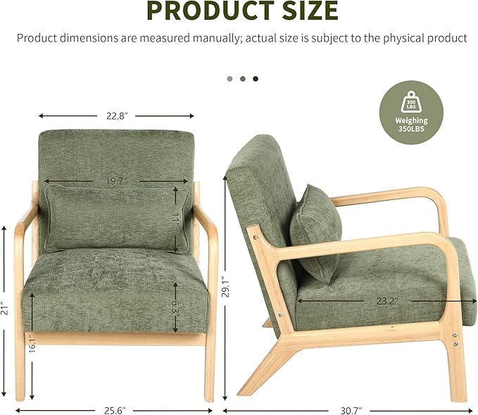 Mid Century Modern Accent Chair with Solid Wood Frame Comfy Reading Lounge Chair with Detachable Lumbar Pillow for Living Room Bedroom Office Vintage Small Wooden Armchair for Waiting Room (Green)