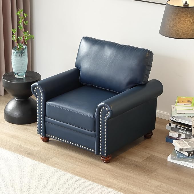 35 Faux Leather Pu Armchair Classic Vegan Leather Accent Chair Elegance Single Seat with Rolled Armrests Nailhead Trim Wood Legs Traditional Living Room 1 Seat-Navy Blue