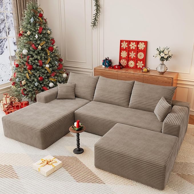 107 U Shaped Cloud Sectional Couch with Fluffy Corduroy Deep Memory Foam Seats Sofa with 1 Ottoman for Living Room No Assembly Required(CamelLeft-Facing Chaise)