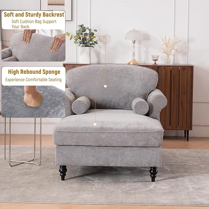 Accent Chair 59'' Modern Armchair for Living Room Upholstered High Back Lazy Sleeper Armchair Recliner for Woman Chaise Lounge Chair Indoor Single Reading Sofa Chair with Wood Legs (Light Grey)