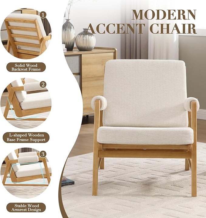 HEAH-YO Modern Accent Chair Upholstered Linen Fabric Living Room Chair with Wooden Frame Comfy Armchair with Thick Cushion for Bedroom Balcony Beige