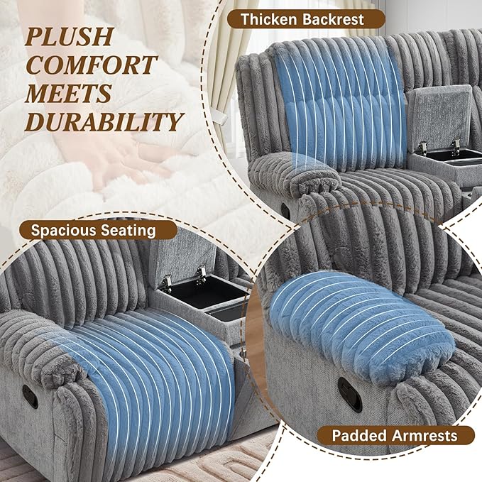 Oversized Reclining Loveseat with Hidden Cup Holders &amp Wireless Charger Manual Double Recliner Sofa Wall Hugger Loveseat Recliner with USB Ports for Living Room (Gray Loveseat)