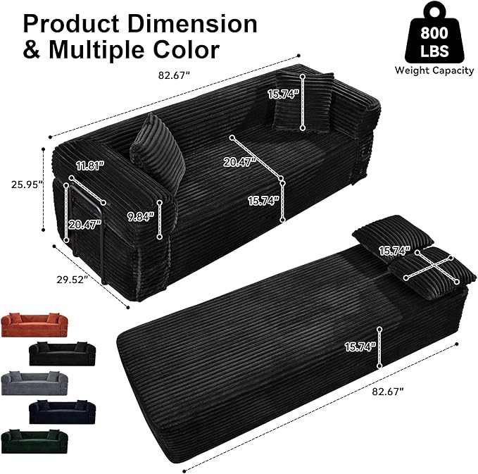 83'' Boneless Couch in A Box No Assembly Needed Sofa Bed Couch 3 Seater Corduroy Modern Cloud Sofa 29'' Deep Seat with 2 Pillows &amp Removable Backrest for Living Room Bedroom Apartment Black |