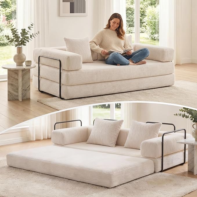 WELAX 77 Convertible Sleeper Sofa Bed Boneless Cloud Queen Futon Couches with 2 Pillows &amp Removable Armrests Corduroy Folding Floor Couch No Assembly for Bedroom Living Room Beige