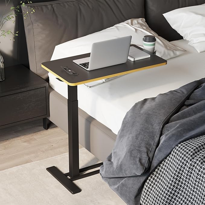 SANODESK Mobile Standing Desk with Hidden WheelsPneumatic Laptop Desk Rolling Computer Cart Movable Height Adjustable Small Sit Stand Desk for Home Office(27.6 W x 15.7 D Black+Maple Band)