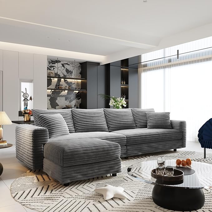 Ball &amp Cast 102.4 Plush Corduroy 4 Seater Sofa with Movable OttomanDeep Seat L Shaped Cloud Couches with Soft PillowsComfy Convertible Sectional Couch Lounge Chair for Living RoomOfficeGrey