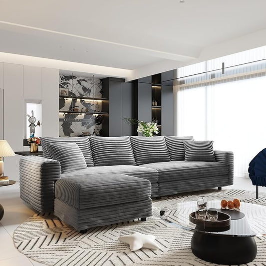 Ball &amp Cast 102.4 Plush Corduroy 4 Seater Sofa with Movable OttomanDeep Seat L Shaped Cloud Couches with Soft PillowsComfy Convertible Sectional Couch Lounge Chair for Living RoomOfficeGrey