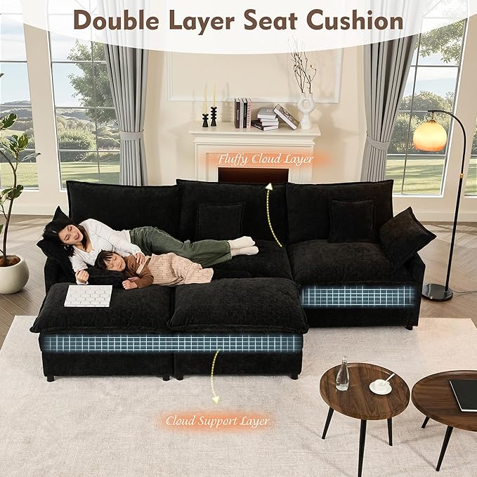 108 U Shaped Couch Modular Sectional Sofa 3-Seater Comfy Cloud Couch Set of Modular Pieces with Movable Ottoman Deep Seat Couches for Living Room Chenille Black