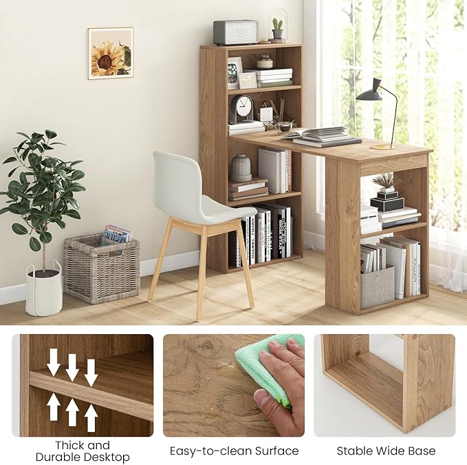 48 Inch Computer Desk with Bookshelf Reversible Study Writing Desk with Storage Shelves &amp CPU Stand Compact Office Desks &amp Workstations Small Desk for Bedroom Kids Room Study (Natural)