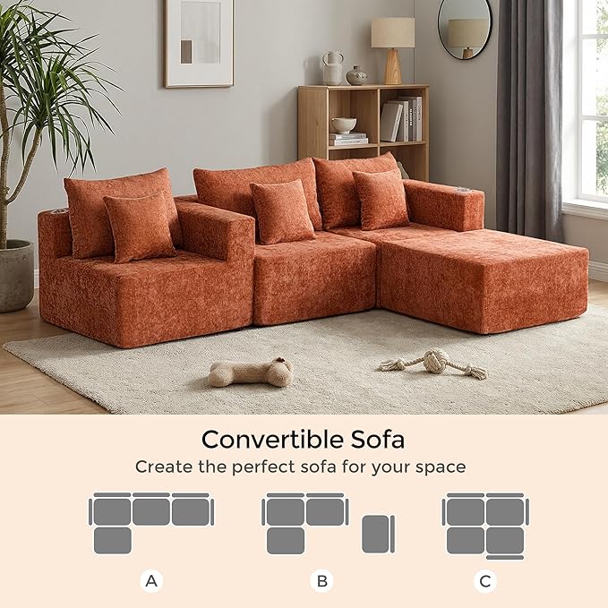 WELAX 104 Modular Sectional Couches for Living Room Boneless Couch L-Shape with Cup Holders &amp Pillows Modern Chenille Cloud Sofa 4 Seater Home Comfy Sofas for Bedroom Orange
